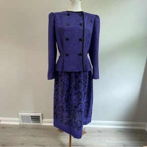 Vintage Skirt and Button Up Long Sleeve Blouse Set with Scarf